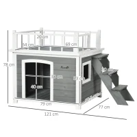 PawHut Hundehütte, Dachterrasse, Treppe, Fenster, Bodenabstand, Naturholz, hellgrau, 121 x 77 x 78cm(m-3)