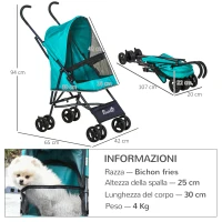 PawHut Passeggino per Cani Piccoli Pieghevole, Ruote Girevoli con Freno in EVA e Guinzaglio di Sicurezza, 65x42x94cm Verde(m-3)