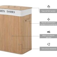 HOMCOM Cesta para Ropa Sucia de Bambú de Capacidad 100L con Tapa y Bolsa de Tela de 2 Compartimentos 52x32 x63 cm Bambú(m-5)