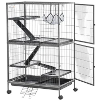 PawHut Kleintierkäfig mit Hängematten Nagervoliere mit Rollen 4 stöckig Käfig XXL geeignet für Hamster Kleintiere Meerschweinchen Metall Kunststoff Silber+Grau 80 x 52 x128 cm(m-10)
