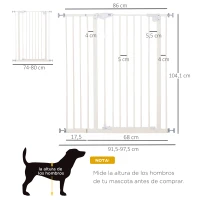 PawHut Barrera de Seguridad para Puertas y Escaleras Barrera para Perros Mascotas con Cierre Automático Extensión 17,5 cm Metal 74-97,5x104,1 cm Blanco(m-3)