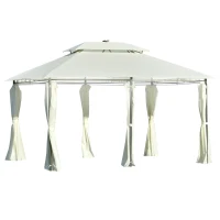 Outsunny Carpa de Jardín con Luces LED Solar 4x3 m Cenador con Doble Techo 6 Cortinas Laterales y Marco de Acero para Patio Terraza Color Crema(m-10)