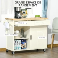 HOMCOM Desserte îlot de cuisine - 2 tiroirs, 2 placards portes coulissantes avec étagères - dim. 110L x 49l x 89H cm - MDF écru plateau bois caoutchouc(m-5)