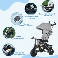 HOMCOM Tricycle Enfant évolutif Pare-Soleil Pliable Canne télescopique Amovible 95 x 50 x 106 cm Acier Gris Noir(m-7)