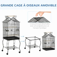 PawHut Cage à oiseaux sur pied avec 2 mangeoires perchoirs plateau amovible poignée et roulettes 50 x 58 x 137/145 cm noir(m-4)