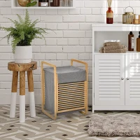 HOMCOM Cesto Portabiancheria con Sacco Rimovibile, Arredamento Bagno Stile Nordico in Bambù e Tessuto, 40x35.5x60.5cm, Legno e Grigio(m-2)