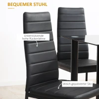HOMCOM 5-tlg. Essgruppe Sitzgruppe Esstisch mit 4 Stühlen, modernes Design, Glastisch, Schwarz(m-5)
