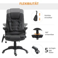 HOMCOM Massagesessel Bürostuhl, Chefsessel mit 6-Punkt-Vibrationsmassage und Wärmefunktion, drehbar Gaming-Stuhl, Kunstleder, 70 x 70 x 111–121 cm, Schwarz(m-5)