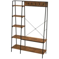 HOMCOM Clothes Rail, Metal Clothes Rack with Shoe Rack, 5 Tier Storage Shelves, 5 Side Hooks, Coat Stand for Bedroom, Living Room, Hallway, Rustic Brown and Black(m-11)