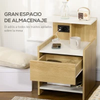 HOMCOM Mesilla de Noche con Puertos USB Toma de Corriente Cajón y Estantes Mesa de Noche 40x40x60 cm Natural(m-5)