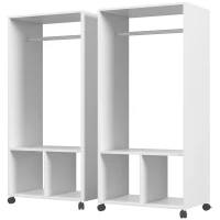 HOMCOM Lot de 2 portants à vêtements penderie mobile avec roulettes 2 niches + Grand Espace penderie en bois Blanc(m-1)