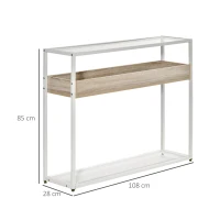 HOMCOM Mesa Consola de Entrada 108x28x85 cm Mueble Recibidor con Encimera de Cristal Estante y Rejilla Inferior Marco de Acero para Pasillo Salón Extremo del Sofá Blanco(m-3)