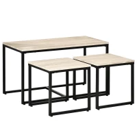 HOMCOM 3er-Set Couchtisch Satztisch Beistelltisch Kaffeetisch Metallfuß MDF Natur 90 x 45 x 50 cm/40 x 40 x 40 cm(m-1)