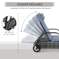 Outsunny Transat bain de soleil grand confort : matelas, têtière, inclinaison réglable multipositions, accoudoirs, roulettes résine tressée gris(m-6)