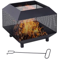 Outsunny Metal Square Fire Pit Outdoor Mesh Firepit Brazier w/ Lid, Log Grate, Poker for Backyard, Camping, Bonfire, Wood Burning Stove, 44 x 44 x 40cm, Black(m-1)