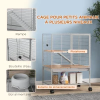 PawHut Cage pour petits animaux sur roulettes 2 niveaux avec 2 portes, 1 rampe, 1 étagère de rangement 61,5 x 44,5 x 86 cm gris(m-5)