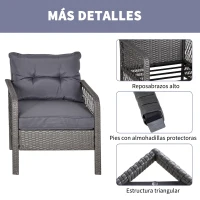 Outsunny Conjunto de Muebles de Ratán Juegos de 3 Piezas de Jardín 2 Sillones 65x66x75 cm y Mesa de Vidrio Templado 50x50x50 cm con Cojines Acolchados para Terraza Patio Gris(m-7)