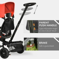 HOMCOM 4 in 1 Kids Trike Toddler Foldable Pedal Tricycle w/ Reversible Angle Adjustable Seat Removable Handle Canopy Handrail Belt Storage Footrest Brake Clutch for 1-5 Years - Red(m-6)
