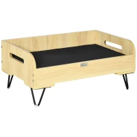 PawHut Cama de Madera para Perros Gatos Cama Cesta para Mascotas Pequeñas con Cojín Acolchado Asas y Patas de Acero 70x45x32 cm Roble y Negro(m-1)