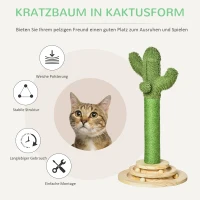 PawHut Katzen Kratzbaum Kaktus Katzenbaum Kiefernholz Sisal Seil Kratzstamm mit Holzkugel-Katzenspielzeug für Katzen 60 cm Hoch Grün+Natur(m-4)