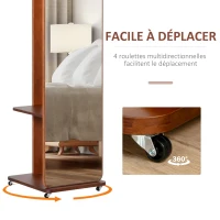HOMCOM Miroir sur Pied avec roulettes - Portant, 4 patères étagère MDF Aspect Noyer(m-6)