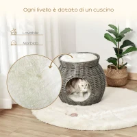 PawHut Cesta per Gatti a 2 Livelli in Rattan PE con Cuscini Lavabili in Peluche, Φ50x43.5cm(m-6)