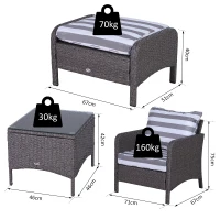 Outsunny 5 Pieces PE Rattan Garden Furniture Set with 10cm Thick Padded Cushions, Wicker Weave Outdoor Seating Chairs with 2 Armchairs, 2 Stools, Glass Top Table, Dark Grey(m-3)