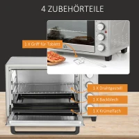HOMCOM Mini Backofen 32L 100 °C-230 °C 1600 W Mini Ofen mit Backblech Krümelblech Grillrost und 3 Kochmodi Pizzaofen mit Timer Backblech-Griff Edelstahl Silber(m-6)