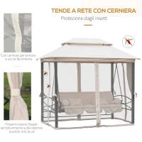 Outsunny Dondolo 3 Posti e Lettino Singolo Copertura a Gazebo con Zanzariera e Cuscini 256x172x248cm Crema(m-7)