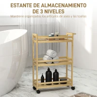HOMCOM Estantería de Baño de Bambú de 3 Niveles Carrito Auxiliar de Almacenaje con Ruedas 55x20x75 cm Natural(m-4)