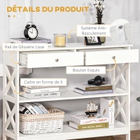HOMCOM Table de console table d'entrée style table de drapier néo-rétro 2 tiroirs 2 étagères dim. 100L x 30.5l x 80H cm en bois Blanc(m-5)