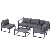 Outsunny 6-tlg. Gartengarnitur Gartenset Gartensofaset Sitzgruppe Gartenmöbel Alu+ Polyester + Hartglas Grau 4 x Sessel 1 x Ecksofa 1 x Beistelltisch Kissen für 4–5 Personen(m-1)