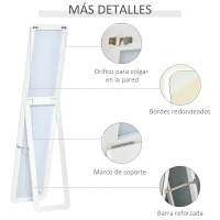 HOMCOM Espejo de Cuerpo Entero Espejo Rectangular de Pie y de Pared con Marco de Madera de Pino Moderno 37x43x156 cm Blanco(m-6)