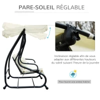 Outsunny Balancelle de Jardin 3 Places Convertible Toit Inclinaison réglable 2 tablettes Support 2L x 1,2l x 1,64H m métal époxy Noir Polyester crème(m-5)