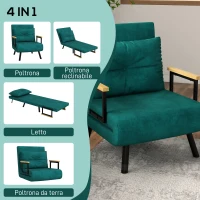 HOMCOM Poltrona Letto 3 in 1 con Schienale Reclinabile in 5 Posizioni e Cuscino, 63x73x81 cm, Verde(m-4)