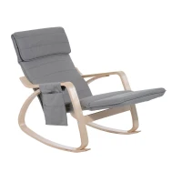 HOMCOM Silla de Relax Mecedora Balancín de Madera con Reposapiernas Ajustable y Bolsa para Revistas (Gris)(m-9)