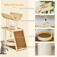 PawHut Árbol Rascador para Gatos 60x30x76 cm con Cama de Lino Postes Rascadores de Sisal Natural Plataforma Tipo Túnel Rampa y Juguetes Colgantes Beige y Marrón(m-6)