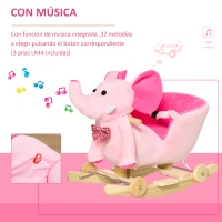 HOMCOM Caballito Balancín con Ruedas Forma de Elefante Caballo Balancín para Bebés de +18 Meses con Músicas 60x35x45 cm Rosa(m-4)