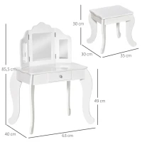 HOMCOM Coiffeuse Enfant avec Tabouret, Miroir triptyque et tiroir Coulissant - Coiffeuse dim. 63L x 40l x 85,5H cm - Blanc Acrylique(m-3)