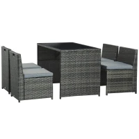 Outsunny Gartenmöbelset für 4 Personen, 4 Stühle & 1 Tisch, inkl. Sitzauflagen, Polyrattan, rostfreier Stahlrahmen, Grau(m-10)