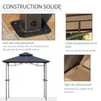 Outsunny Tonnelle jardin 2,4 x 1,5 m - abri barbecuesteakhouse 2 étagères, toit de barbecue alu. métal noir toit polycarbonate(m-6)