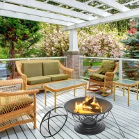 Outsunny Feuerstelle Feuerschale mit Schutz & Schürhaken Outdoor Garten Terrase Ø75 x 55H cm Schwarz(m-2)