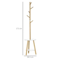 HOMCOM Appendiabiti da Terra per Ingresso in MDF e Alluminio con 5 Ganci in Bambù e Tavolino Rotondo, 39.5x39.5x171 cm(m-3)
