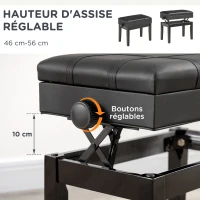 HOMCOM Banquette tabouret siège pour piano coffre intégré hauteur réglable bois hévéa assise revêtement synthétique noir(m-4)