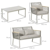Outsunny Conjunto de Muebles de Jardín de Ratán 4 Piezas Sofá Doble 2 Sillones Individuales y Mesa de Café de Vidrio con Cojines Desenfundables para Exterior Terraza Gris(m-3)