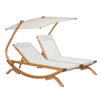 Outsunny Lettino Prendisole Chaise Longue, Sdraio da Giardino 2 Posti con Schienale Reclinabile 3 Livelli, Tetto e Cuscini, 210x155x175cm Beige(m-10)