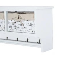 HOMCOM Entryway Coat Rack Wall Mounted Shelf w/ 2 Corn Husk Baskets and Hooks, White(m-9)