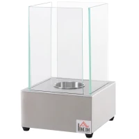 HOMCOM Camino a Bioetanolo da Tavolo con Bruciatore da 0.4L, Biocamino in Acciaio e Vetro per Interni ed Esterni, 20x20x33cm, Argento(m-10)
