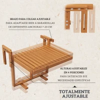 Outsunny Mesa Colgante para Balcón Plegable de Madera con Altura Ajustable en 4 Niveles Carga 20 kg 68x65x40,5-55 cm Natural(m-4)