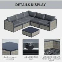 Outsunny 6 Pieces Patio Wicker Corner Sofa Set, Outdoor PE Rattan Sectional Conversation Aluminum Frame Furniture Set w/ Padded Cushion & Coffee Table, Grey(m-4)